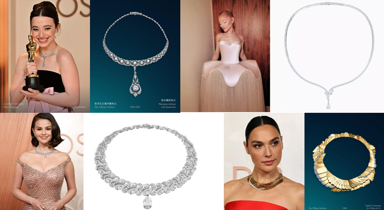 Top row, left to right: At the Oscars, Mikey Madison wore an antique diamond necklace from Tiffany, while Ariana Grande sported a diamond piece from the De Beers Adonis Rose collection. Bottom row, left to right: Selena Gomez dazzled in a Bvlgari Le Magnifiche diamond necklace, and Gal Gadot also chose an antique diamond necklace from Tiffany.