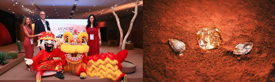 (From left to right) Feriel Zerouki, Chief Trade and Industry Officer, De Beers Group, Mahiar Borhanjoo, Chief Commercial Officer, SVP Polish, De Beers Group, and Lynn Serfaty, General Manager of Natural Diamond Category Marketing, De Beers Group, officiate at the lion dance ceremony to kick start De Beers Group’s Show & Tell.