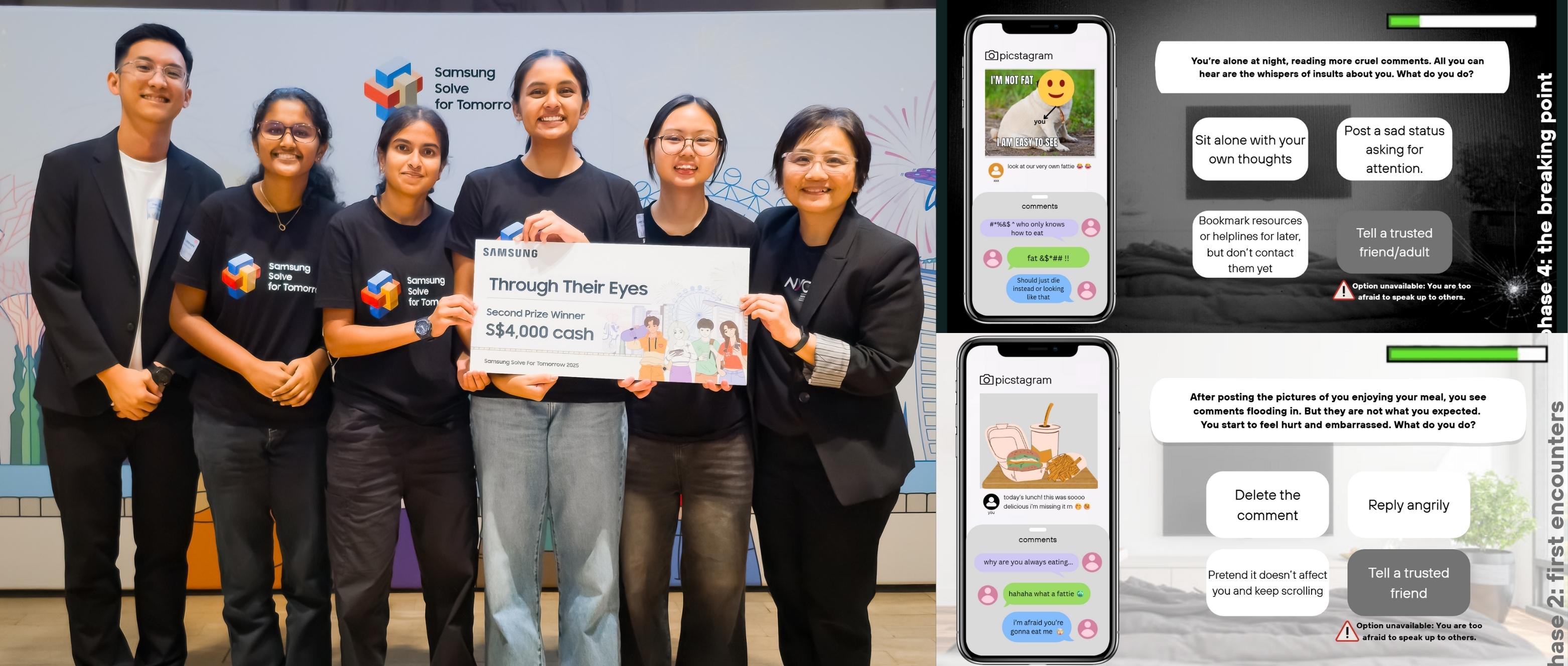 Team Through Their Eyes receiving their prize from Karen Lee, Director of Partnership Lab, National Youth Council (left) and a snapshot of the Through Their Eyes simulation (right).