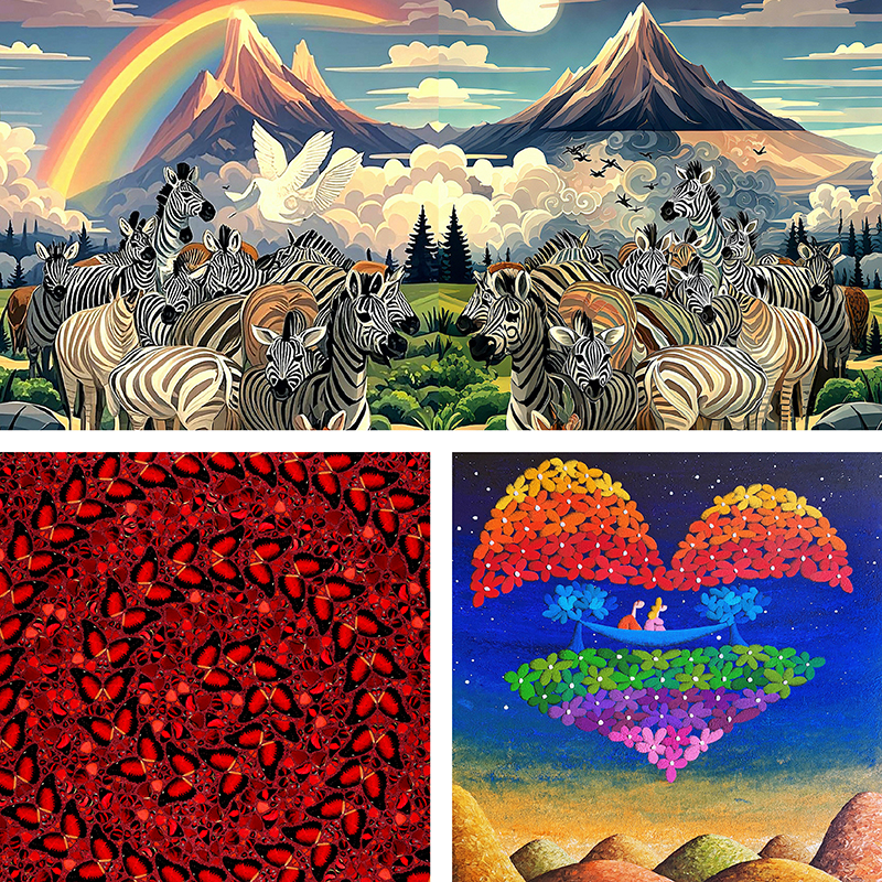 (Top) Ethnic Group 7 (detail), Liu Liguo, Room 4510; (Bottom Left) Taytu Betul (detail), Damien Hirst, TANYA BAXTER CONTEMPORARY, Rooms 4507 & 4508; (Bottom Right) Journey of Being Deeply in Love and Side by Side (detail), Coplu, V’Art Space, Room 4512