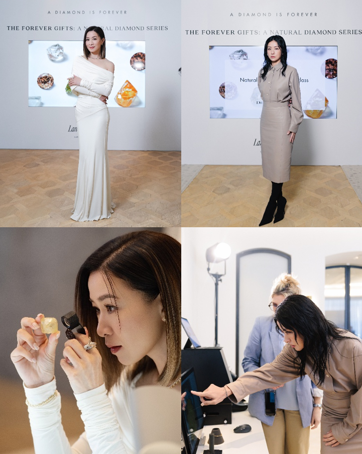 Renowned actress Charmaine Sheh (left) and fashion trendsetter Hilary Tsui (right) are invited to the event. Charmaine and Hilary discover natural diamonds and experience how diamond detection instruments can distinguish between natural and synthetic diamonds.