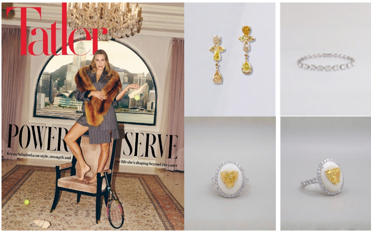 Aryna Sabalenka wears high jewellery from Claudia Ma, including fancy natural diamond earrings in 18K yellow gold, a yellow heart-shaped natural diamond ring set in white coral and 18K white gold, a natural diamond tennis bracelet in 18K white gold. (Image courtesy of Tatler Hong Kong)