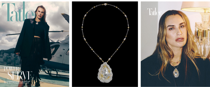 Aryna Sabalenka wears a Carnet Jewellery Fleur d’Or Blanc white and yellow diamond necklace in platinum, white gold and yellow gold (middle image) (Image courtesy of Tatler Hong Kong).